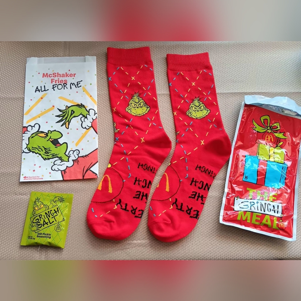 McDonald's Festive Red Grinch Socks 1 - Grinch Salt 1 - Mcshaker Fries Bag